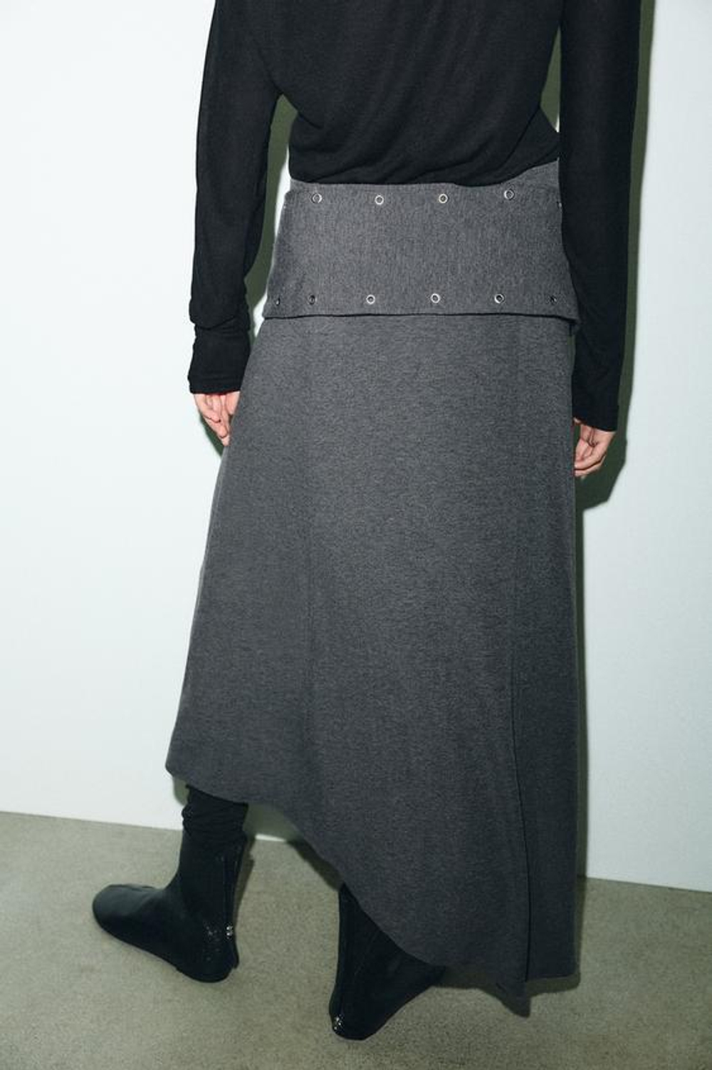 ZARA ЮБКА МИДИ SOFT TACHAS, СЕРЫЙ МЕЛАНЖ