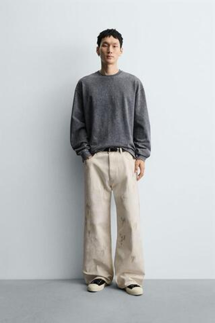 ZARA БРЮКИ СТРУКТУРНЫЕ С АБСТРАКТНЫМ ПРИНТОМ, ЖЕЛТОВАТО-БЕЛЫЙ