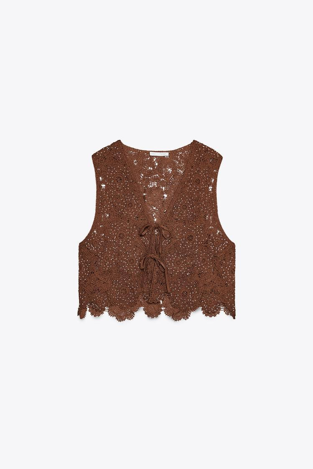 ZARA ТОП-ЖИЛЕТ ИЗ КРУЖЕВА КРОШЕ, СВЕТЛО-КОРИЧНЕВЫЙ