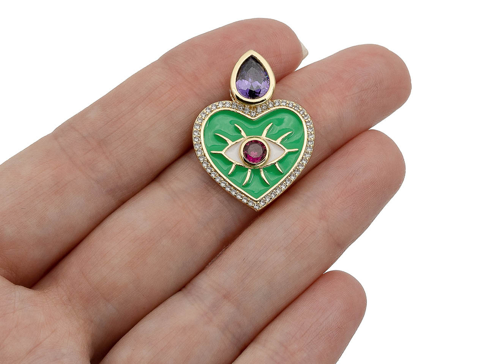Подвеска Сердце с глазом, 27мм, Green