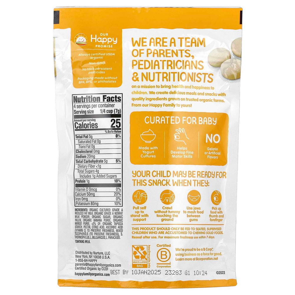 Happy Family Organics, Yogis, органические снеки из сублимированного йогурта с фруктами, банан и манго, 28 г