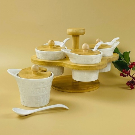 Lenardi 140-146 Набор из 4 банок для специй с ложками на подставке BAMBOO в под.уп.(х16)Фарфор