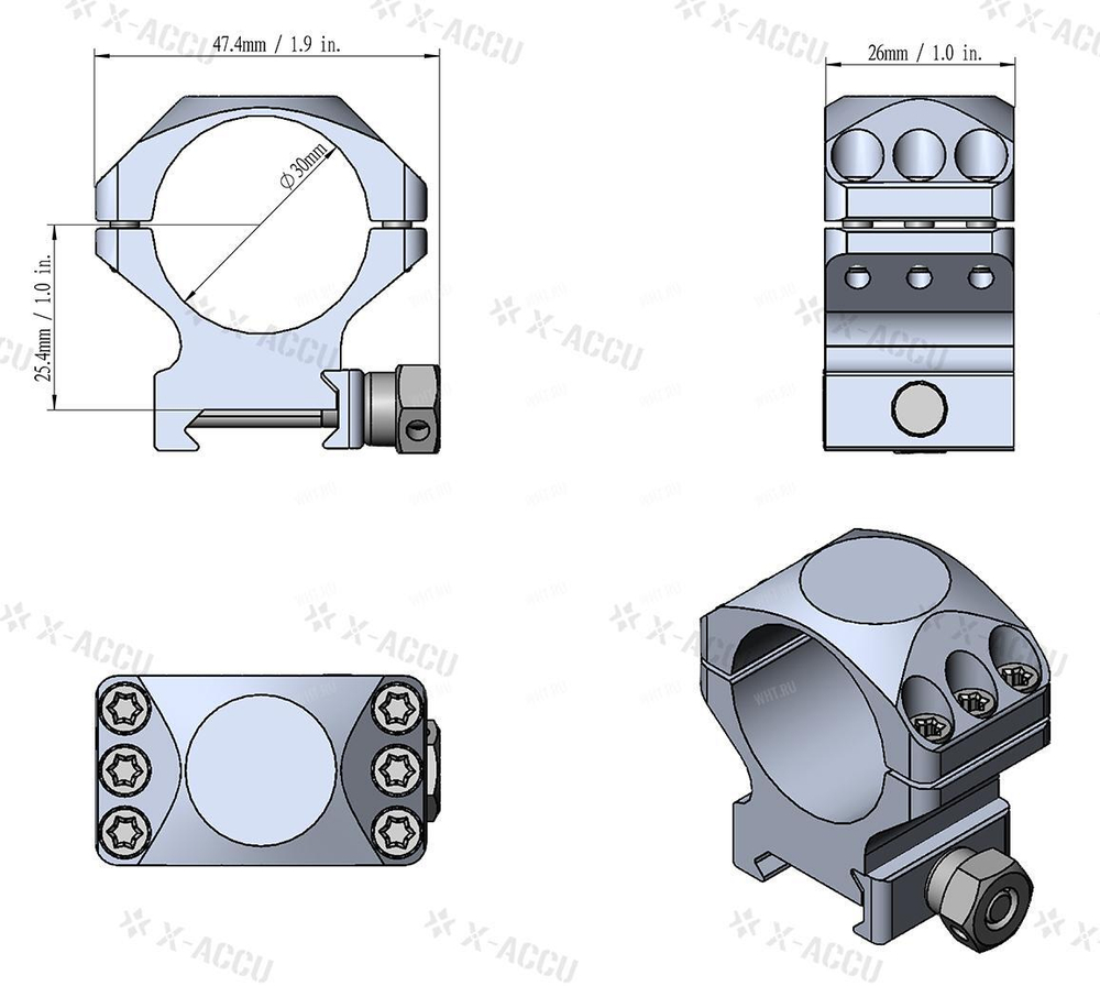 Кольца VECTOR X-Accu на базу Picatinny | Weaver, ø30 мм (6 винтов), BH=10,4 мм