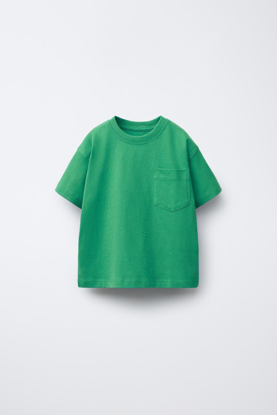 ZARA ОДНОТОННАЯ ФУТБОЛКА С КАРМАНОМ, ЗЕЛЕНЫЙ