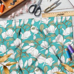 Ткань поплин белые бутоны на бирюзовом фоне