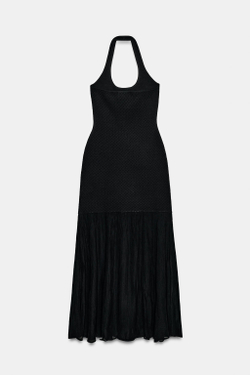 ZARA КОМБИНИРОВАННОЕ ТРИКОТАЖНОЕ ПЛАТЬЕ С ХАЛТЕРОМ, ЧЕРНЫЙ