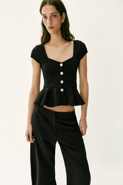 ZARA ТОП С БАСКОЙ И ПУГОВИЦАМИ, ЧЕРНЫЙ