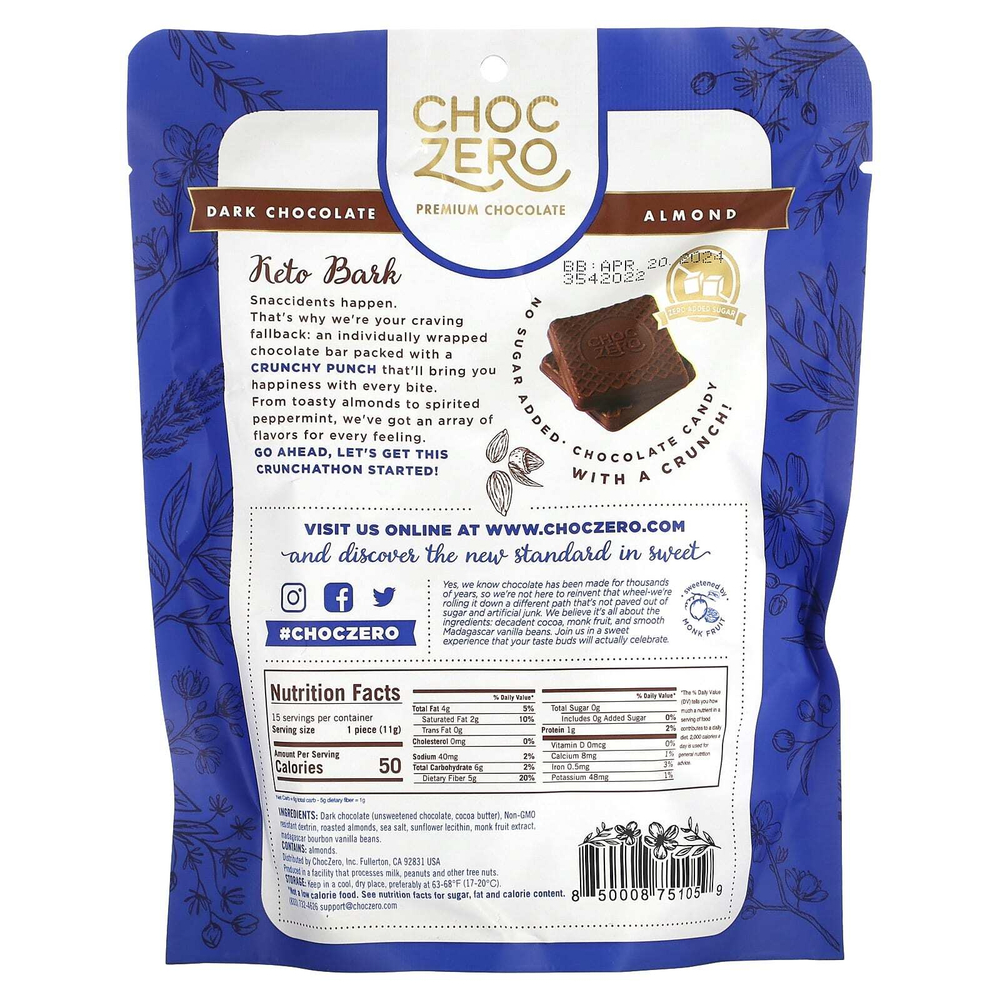 ChocZero, черный шоколад с морской солью, миндаль, без сахара, 6 мини-плиток, по 28 г (1 унции)