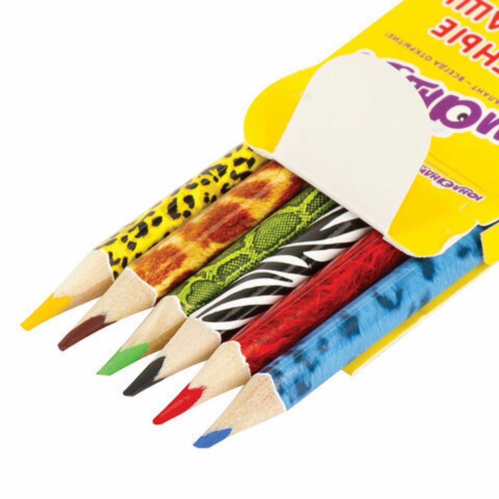Карандаши цветные мягкие ЮНЛАНДИЯ "САФАРИ", 6 цветов, корпус с печатью, трехгранные, с раскраской, 181579