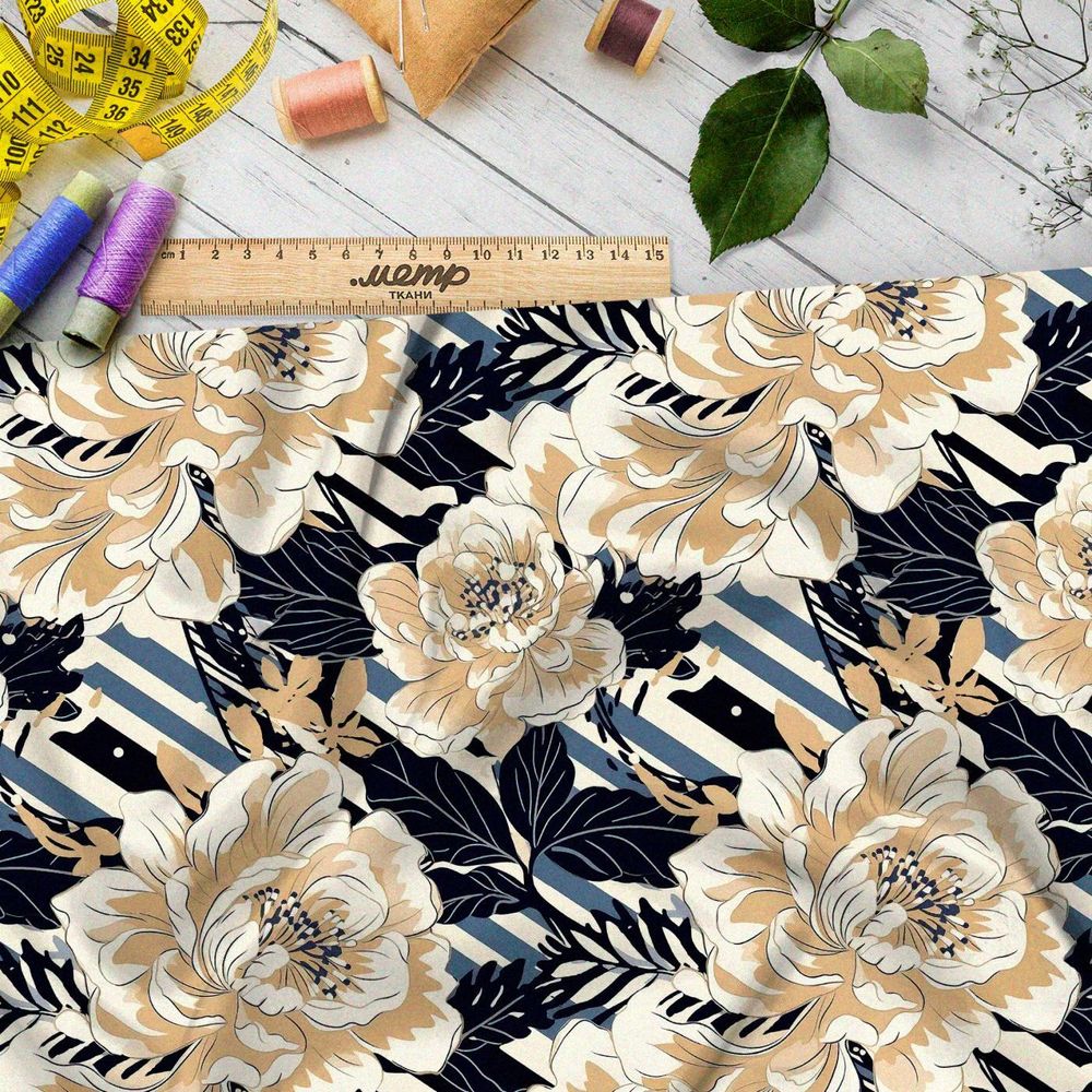 Ткань премиум таффета пионы на полосках