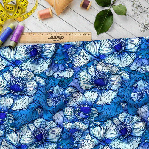 Ткань премиум шелк искусственный Армани бело-голубой цветник