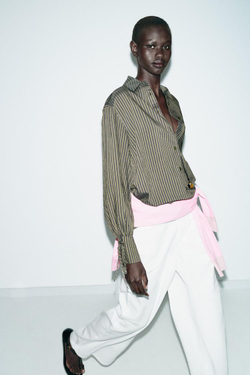 ZARA РУБАШКА В ПОЛОСКУ С ЗАВЯЗКАМИ, ТЕМНЫЙ ХАКИ