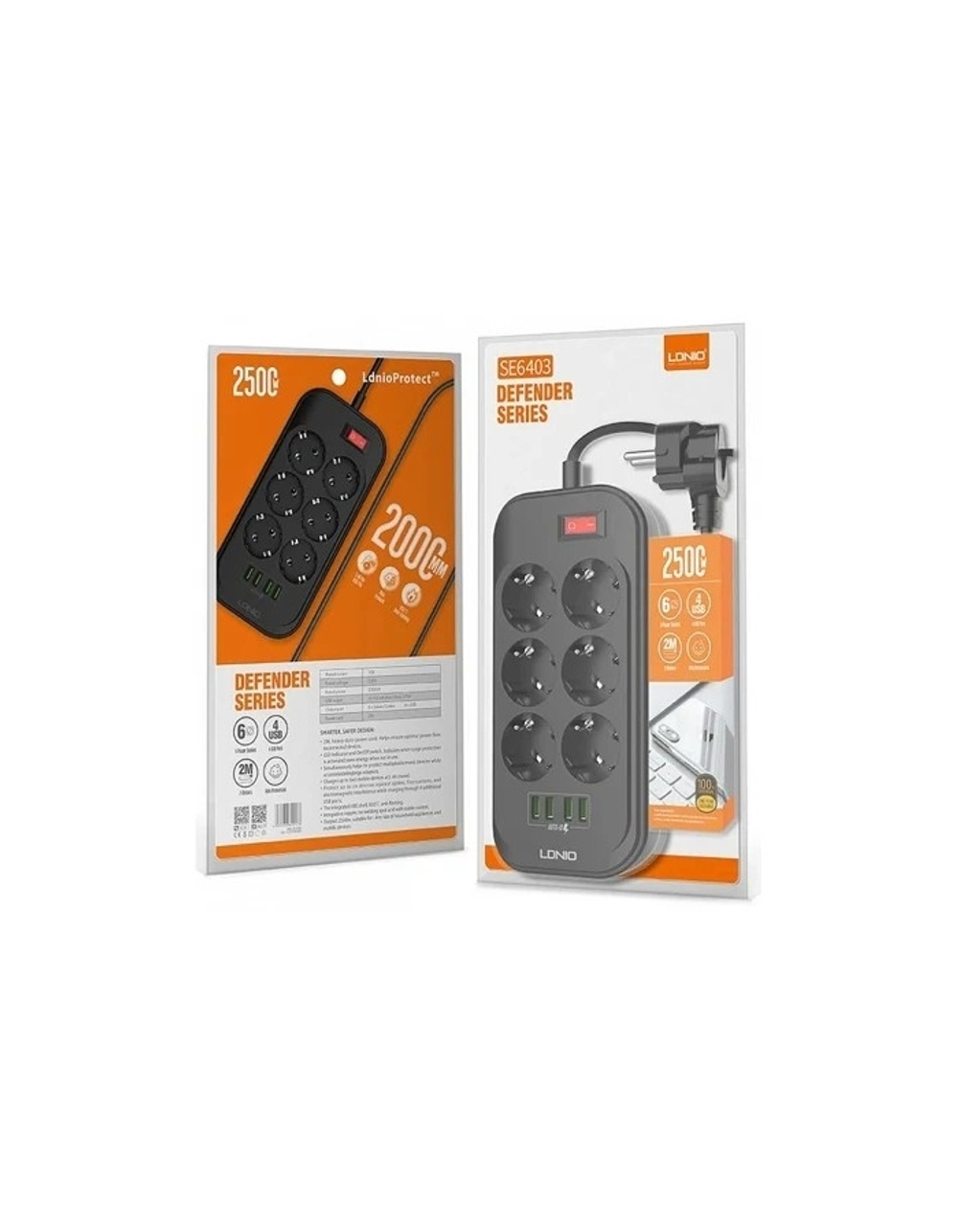 Perfeo LD_B4436  LDNIO SE6403/ Сетевой удлинитель 2м + ЗУ на 4 USB/ 6 розеток (медь) - 2500W/ USB - 17W/ Black&Gray