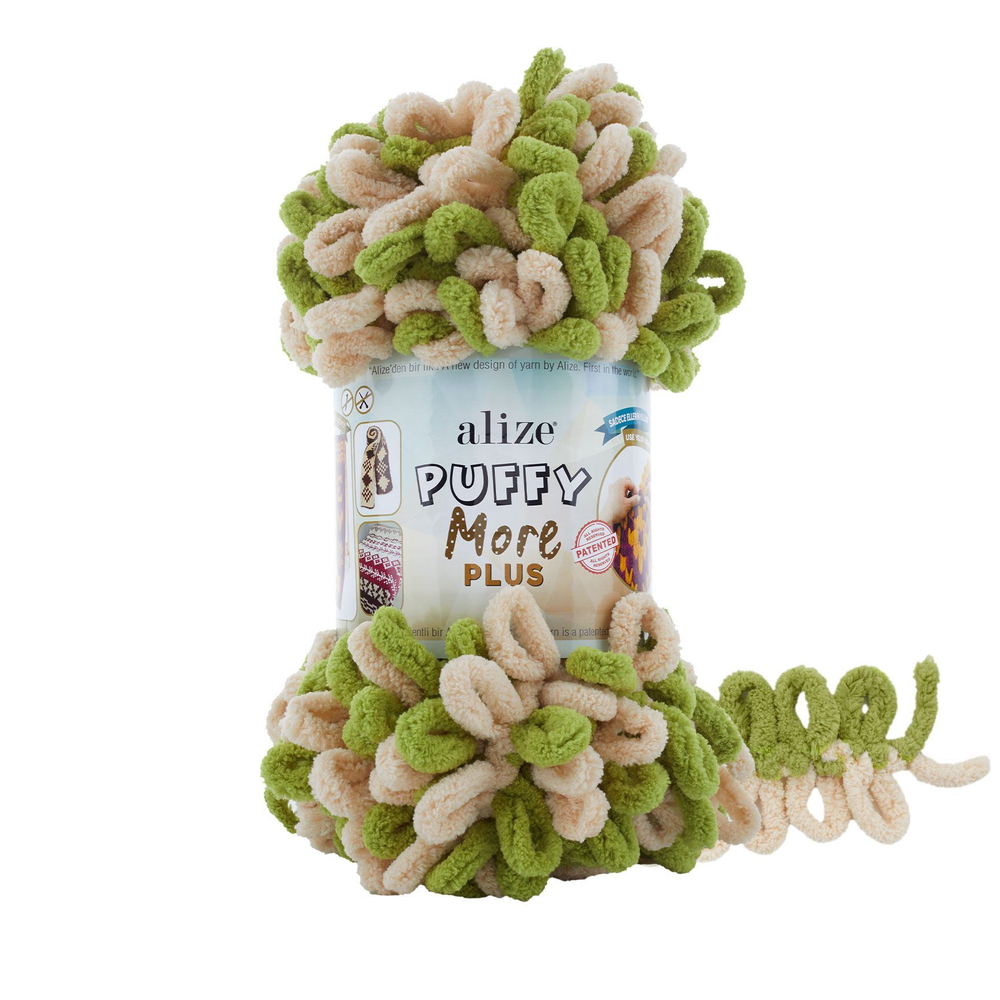 Пуффи Море ПЛЮС (Puffy More plus) пряжа Alize 100%микрополиэстер 2х250г/11м (8007 кремовый/св.зелёный)