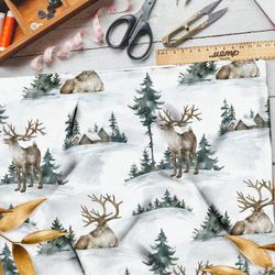 Ткань интерлок лось на зимнем пейзаже