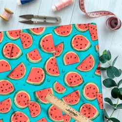 Ткань премиум шифон дольки арбуза на голубом