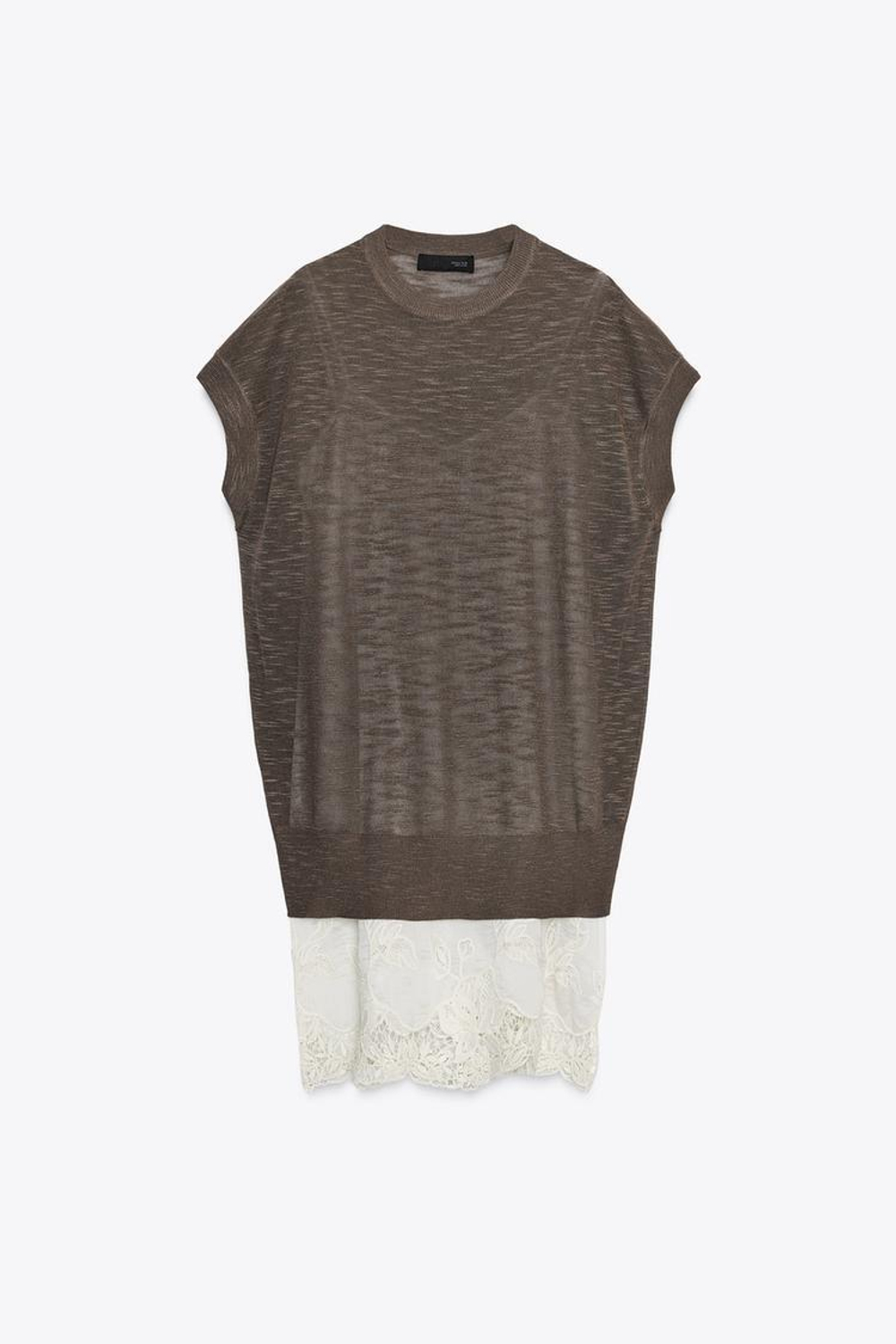 ZARA ТРИКОТАЖНОЕ ПЛАТЬЕ С КОМБИНИРОВАННОЙ ОТДЕЛКОЙ, СЕРО-КОРИЧНЕВЫЙ