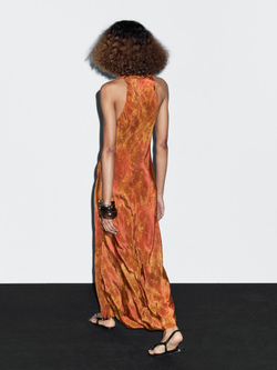 Massimo Dutti Длинное платье из струящейся ткани с принтом, оранжевый