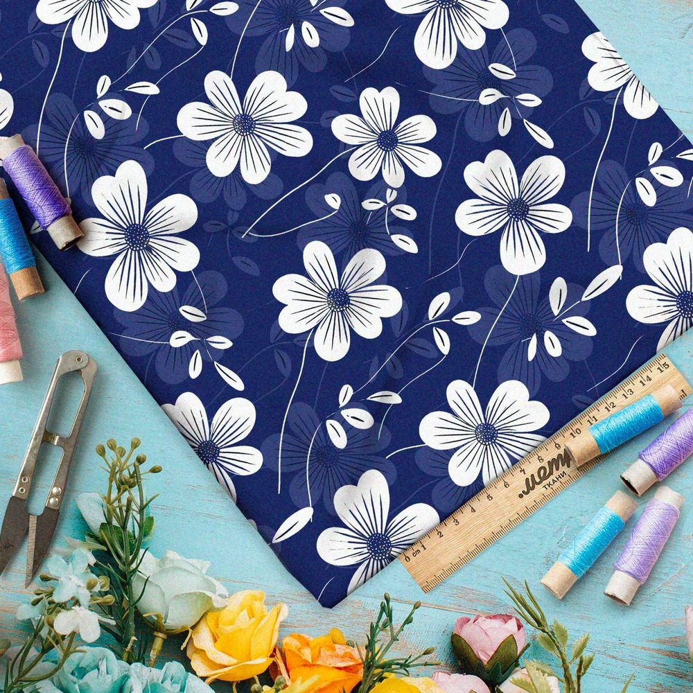 Ткань премиум бифлекс белые цветы на синем