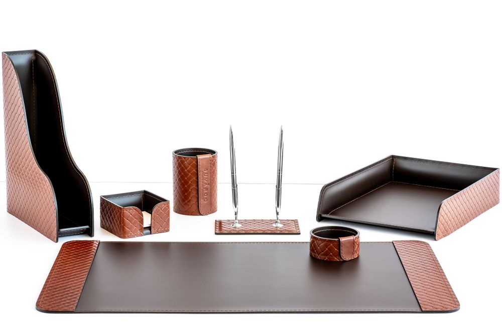 Офисный набор для руководителя Комфорт из кожи FG Tan treccia/шоколад 7 предметов