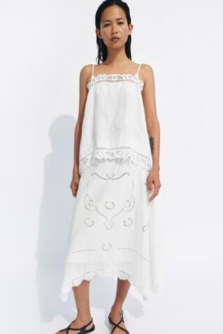 ZARA ЮБКА АСИММЕТРИЧНОГО КРОЯ С ВЫШИВКОЙ — ZW COLLECTION, БЕЛЫЙ