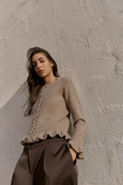 ZARA КАРДИГАН С ВОЛАНАМИ, СЕРО-КОРИЧНЕВЫЙ