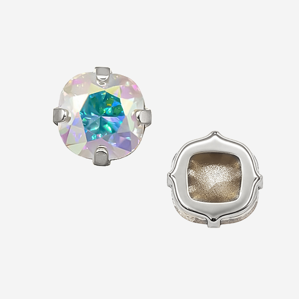 Кристалл Кушон (Сushion) в цапах, оттенок "Северное Сияние"/"Aurore Boreale", 9,2мм, родирование