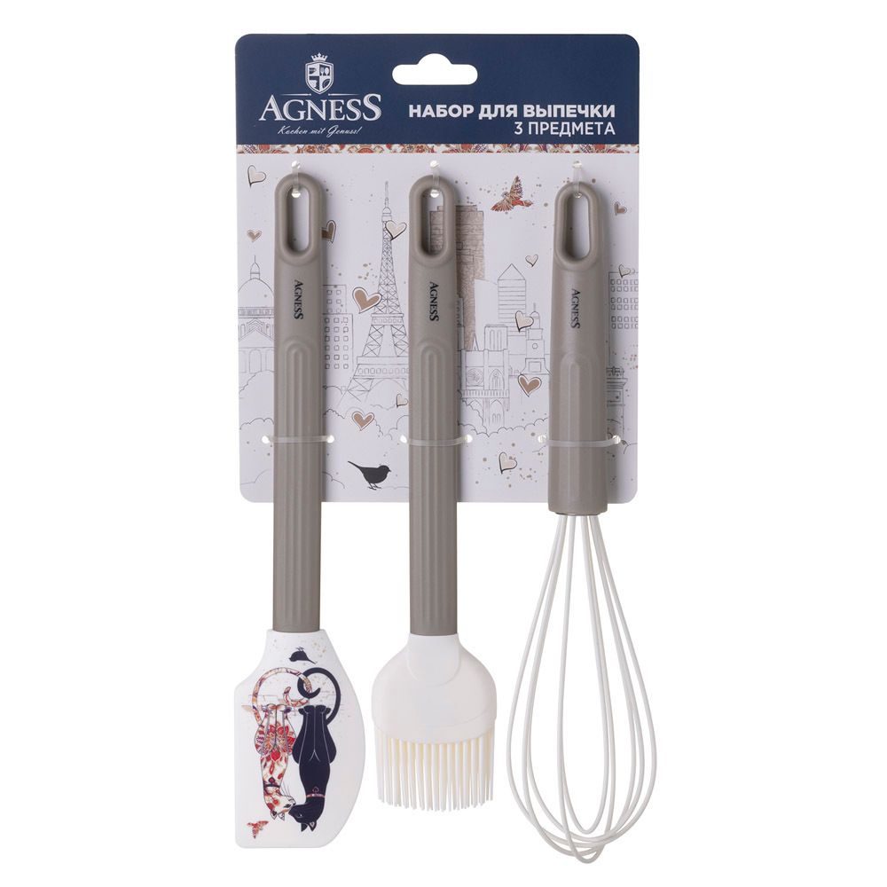 НАБОР: ВЕНЧИК, ЛОПАТКА, КИСТОЧКА AGNESS, 3 ПРЕДМЕТА, СЕРИЯ "ПАРИЖСКИЕ КОТЫ"