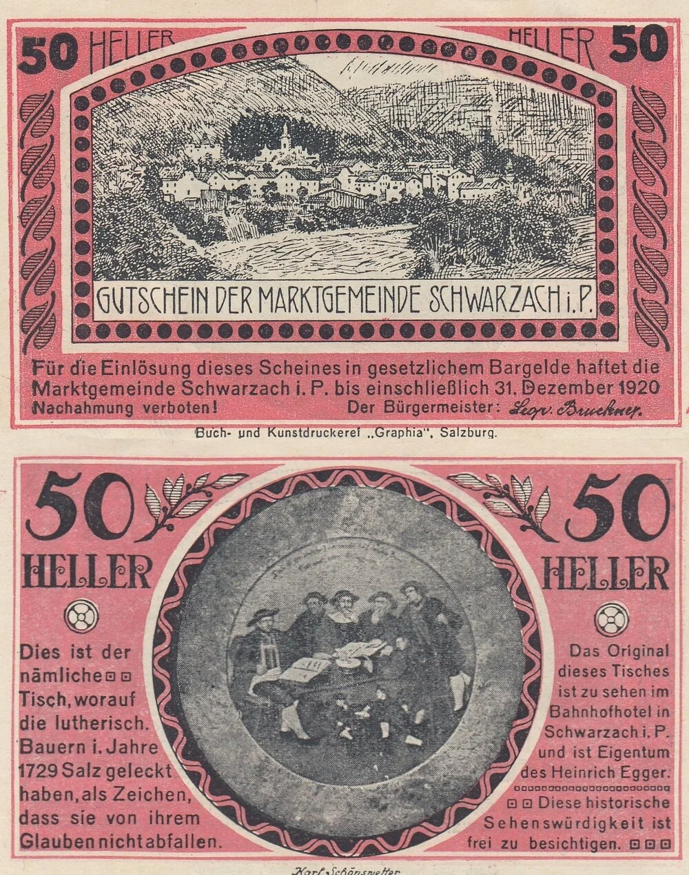 Австрия 50 геллеров 1920 Шварцах-им-Понгау aUNC