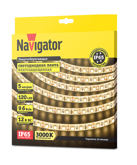 Лента светодиодная Navigator 12V 9,6Вт 3000К IP65 бухта 5м белая 28846
