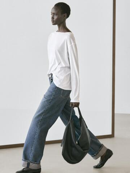 Massimo Dutti Футболка из 100% хлопка с вырезом лодочкой, белый