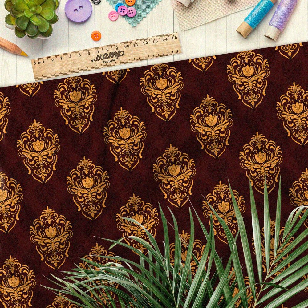 Ткань оксфорд 600 симметричный золотой узор на бордовом фоне