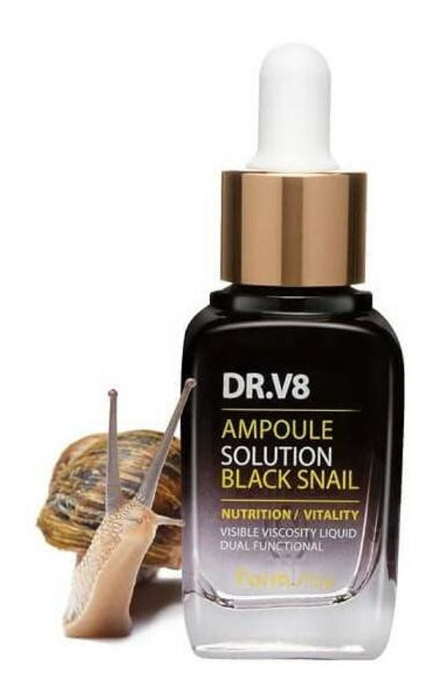 Farmstay DR.V8 Ampoule Solution Black Snail Ампульная сыворотка для лица с муцином черной улитки, 30 мл