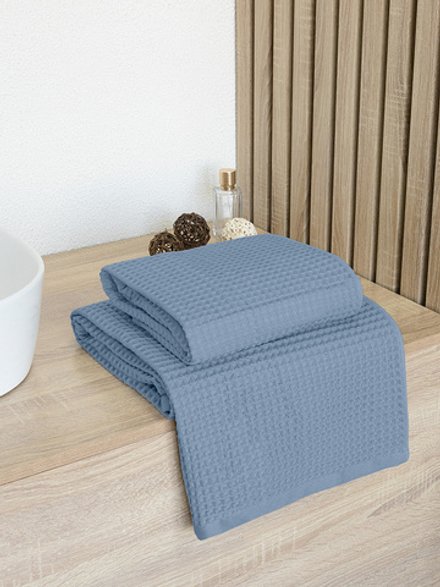 Набор полотенец вафельных 2шт DeNASTIA для бани/сауны 300gsm 70x140/50x90, 100% хлопок, синий