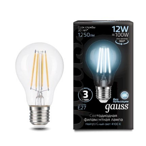 Лампа Gauss LED Filament A60 12W E27 1250 lm 4100K 102902212