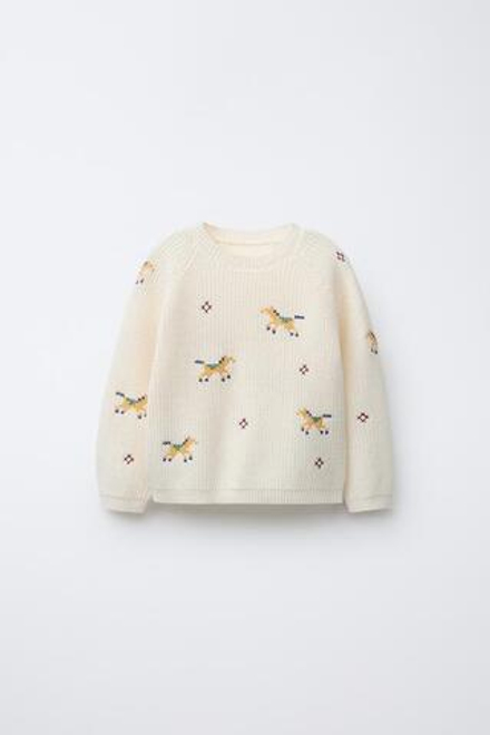 ZARA ТРИКОТАЖНЫЙ ДЖЕМПЕР С ВЫШИВКОЙ КРЕСТИКОМ, ЭКРЮ