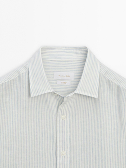 Massimo Dutti ЛЬНЯНАЯ РУБАШКА КЛАССИЧЕСКОГО КРОЯ В ПОЛОСКУ, СИНИЙ