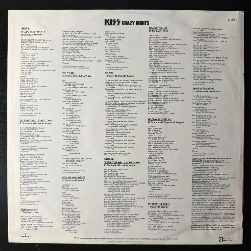 Kiss ‎– Crazy Nights (Голландия 1987г.)