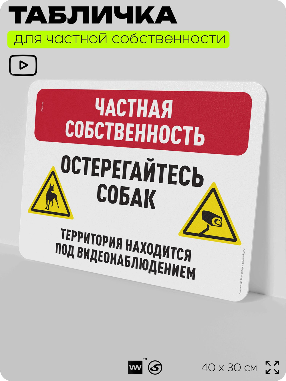 Табличка для частной территории "Частная собственность, остерегайтесь собак", на дом, для участка, организаций, предупреждающая, 40х30 см, Silver Plane x Айдентика Технолоджи