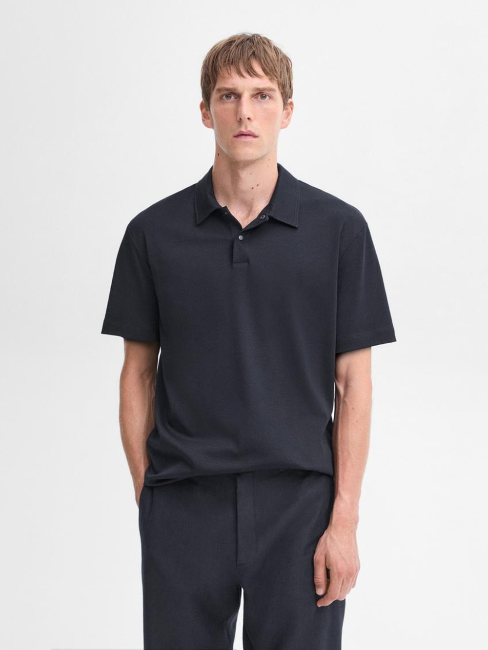 Massimo Dutti Хлопковая футболка-поло с короткими рукавами, темно-синий