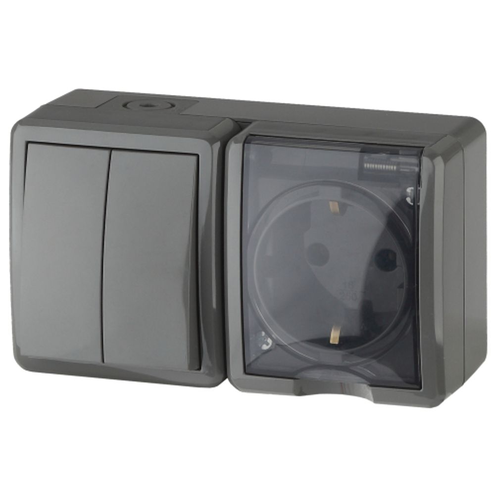 11-7402-03 ЭРА Блок розетка+выключатель двойной IP54, 16A(10AX)-250В, ОУ, Эра Эксперт, серый | Эра Эксперт