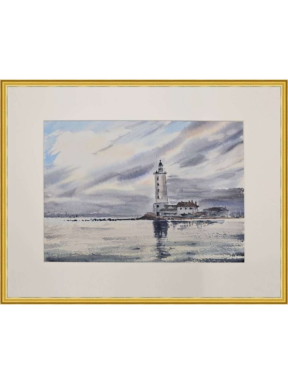 Картина авторская акварельная в паспарту 30х40 см на стену для интерьера "Кронштадт. Маяк Толбухин"