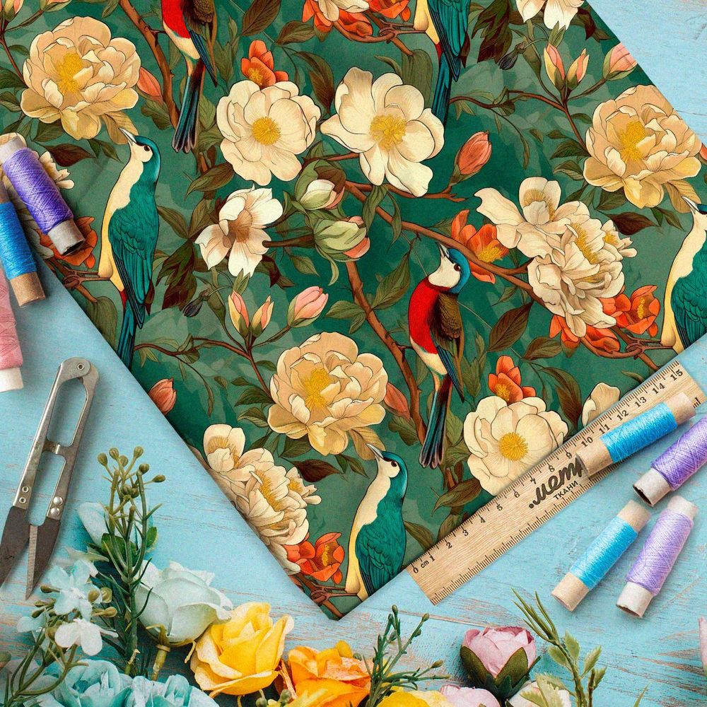 Ткань Барби птахи в цветущем саду