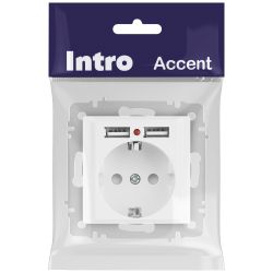 Розетка Intro Accent 6-410-01 с заземлением 2P+E Schuko со шторками 16А-250В + 2хUSB IP20 СУ белый | Intro