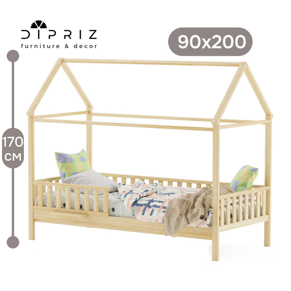 Кровать 90х200, Авила, детская, домик, с настилом и бортиками, массив березы, в лаке, Dipriz