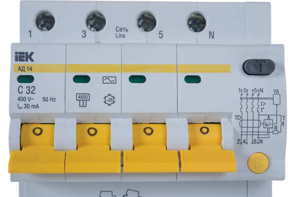 Дифференциальный автоматический выключатель АД14 4Р 32А 30мА IEK