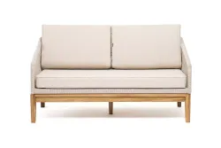 "Канны" диван 2-местный плетеный из роупа, основание дуб, роуп бежевый круглый, ткань бежевая 15052