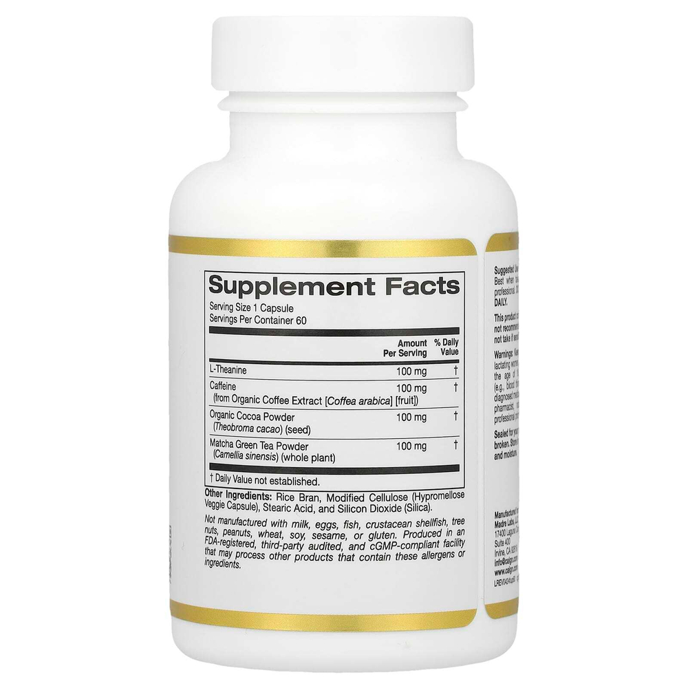 California Gold Nutrition, TheanineUP™, L-теанин, кофеин, какао и матча, 60 растительных капсул