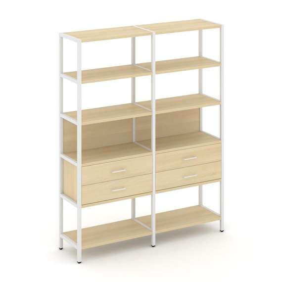 Shelf System Двухсекционный стеллаж пятиярусный с ящиками SN.STM-522 Акация Лорка/Металл Белый 1590*