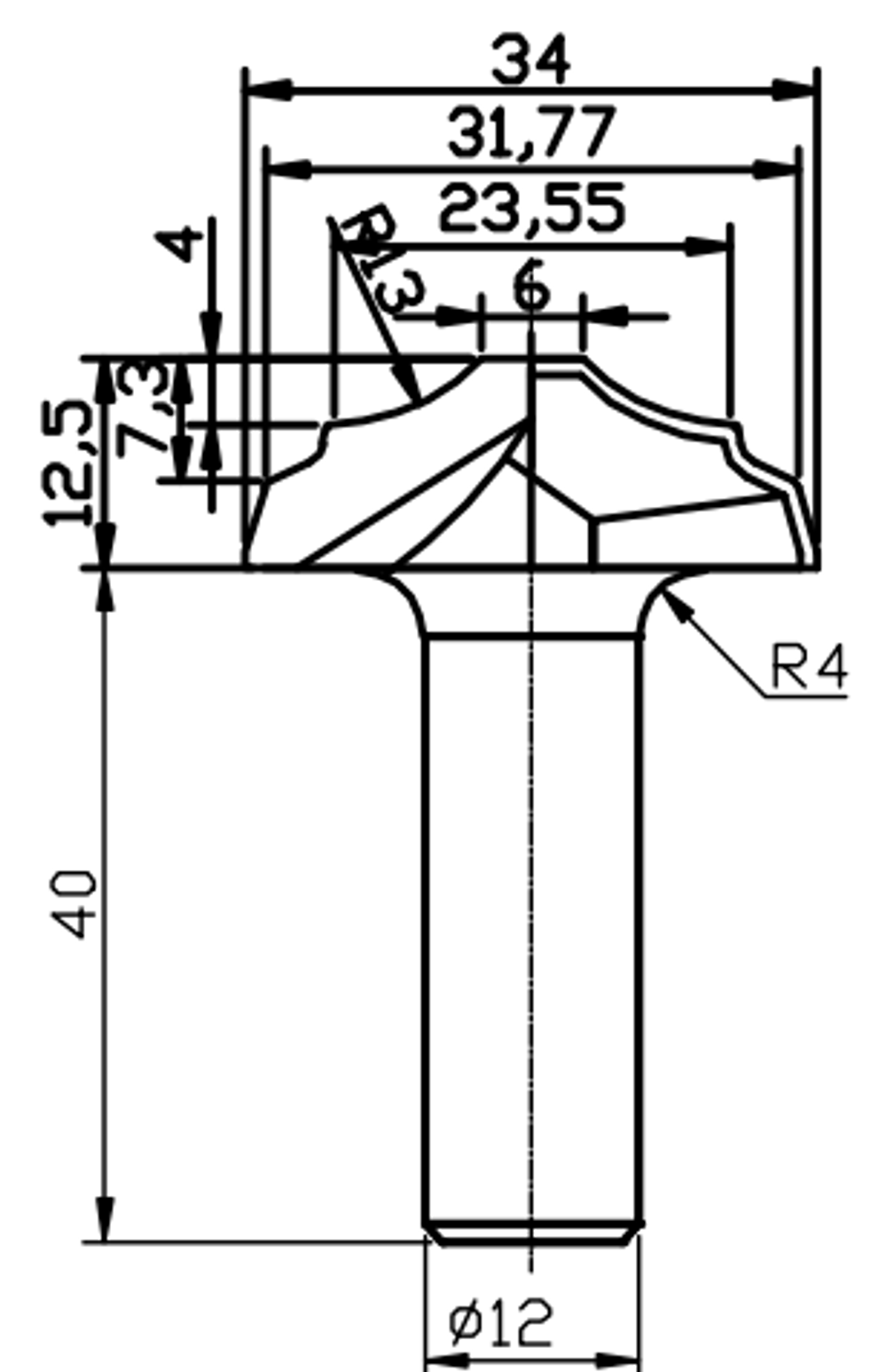 PCD профильная фреза D.34x12,5 S.12x40 Z2
